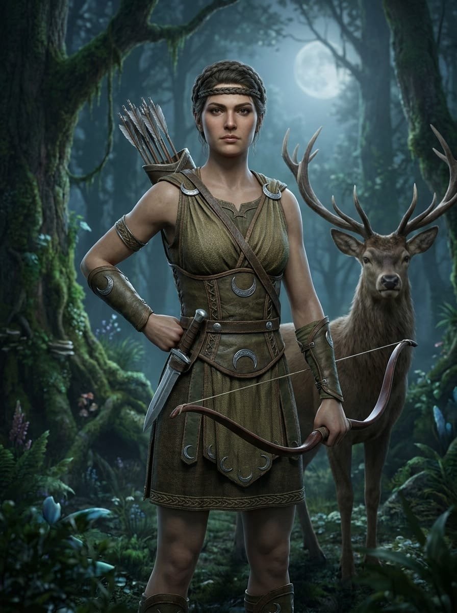 Artemis character portrait. Moonlit Goddess of the Hunt, the Wild, and Maiden Chastity