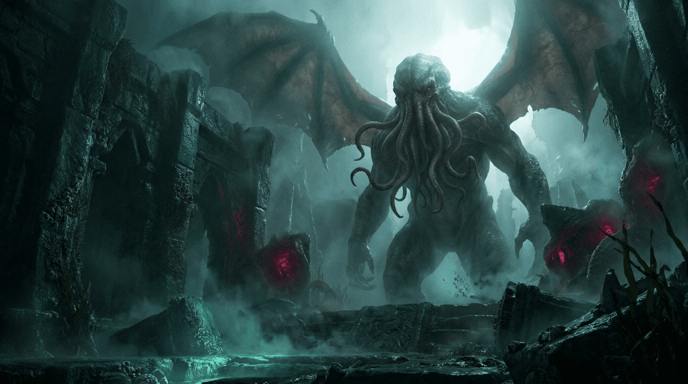 The Call of Cthulhu story artwork. Francis Thurston is arranging the effects of his great-uncle, Professor Angell, when he finds a strange bas-relief, newspaper clippings, and notes inside...